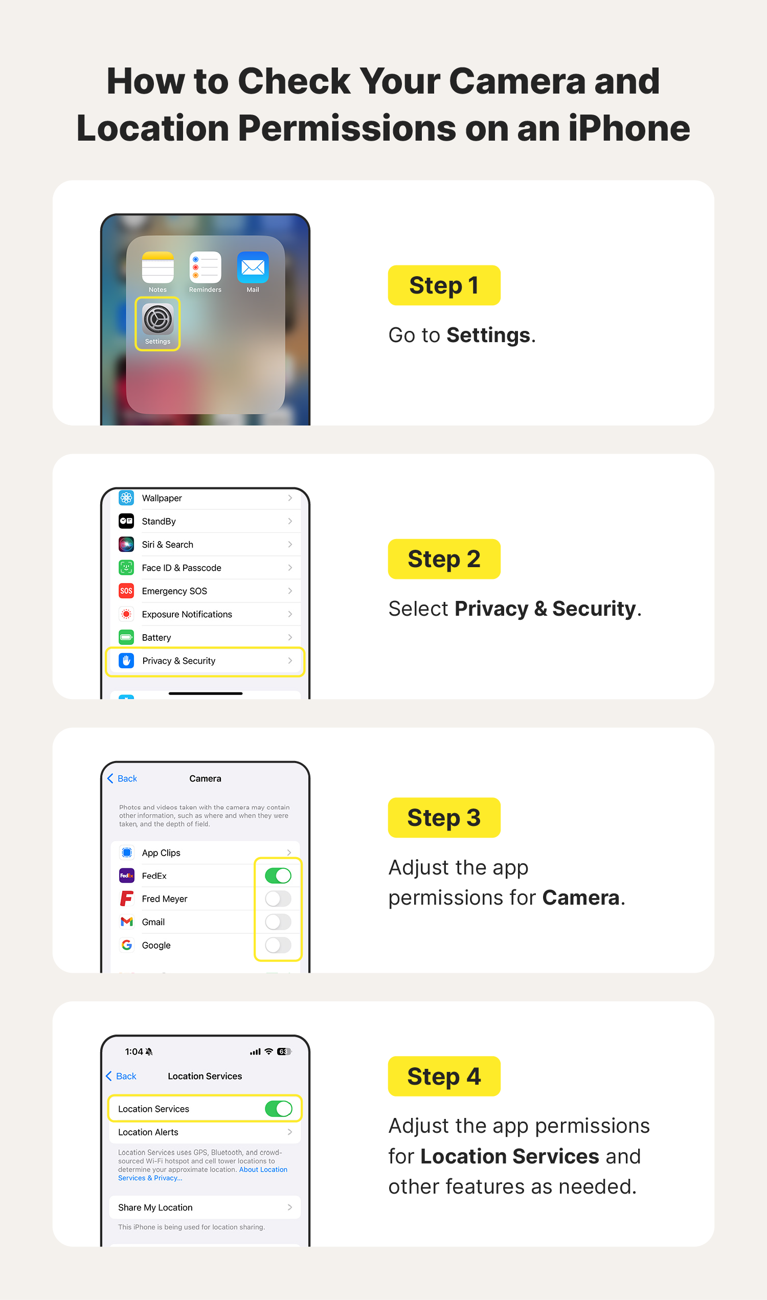 Steps on how to check your camera and location permissions on an iPhone.